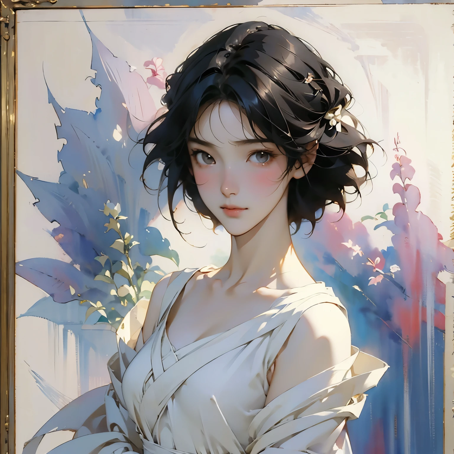 (highest quality、High resolution、masterpiece)、4K Anime Art、(Concept Art)、(Avatar)、(1 Japanese female, Portraiture, Expose your shoulders, dress、Beautiful Face、Lively Faces、Black-haired、short hair、Beautiful Hairstyles、Beautiful Skin、Natural standing posture、whole body)、(ゆったりとした白いdress)、 A simple white dress、(LOHAS)、Ray Tracing、(Soft Light)、(Soft Focus)、(Sargent-style watercolor)、(Edmund Leighton Style)、(Herbert James Draper Style)、((White Background))、((Blank Background))、Blur the background、