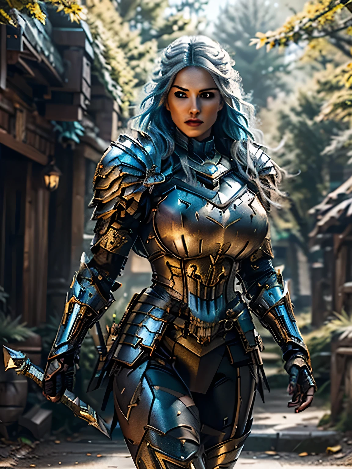 8K,asgard female warrior with very big breasts,Super beautiful(like the real thing),black very large chest armor,realistic skin,luxury black pants,Has a large, long black spear,sexy,muscular slim body,ripped abs,black shoulder armor,black waist armor,black leg armor,desert, rich colors, Backlight, cinematic lighting, film grain, RAW, 50mm lens,nikon　D850,ultra high resolution,Super realistic,goddess,battle scene,action scene,action pose,shine a light on the face, long wavy blue hair, the Witcher, the Witcher armor, yennefer, running in the forest 