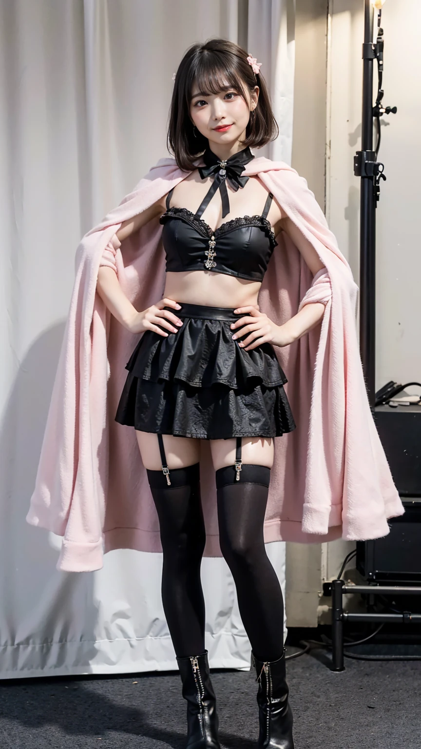 (8k、RAW Photos、highest quality、masterpiece:1.2)、(Realistic、Realistic)、1 girl、((Black and pink dress、belly button、Pink ee-through、Big Breasts、View from the front、stage、Spotlight、Straight Hair、garter belt、smile、Bustier、Cape、smile、whole body、short boots、Standing with hands on hips))、Lots of eyelashes、Glowing eyelids、skeletally correct