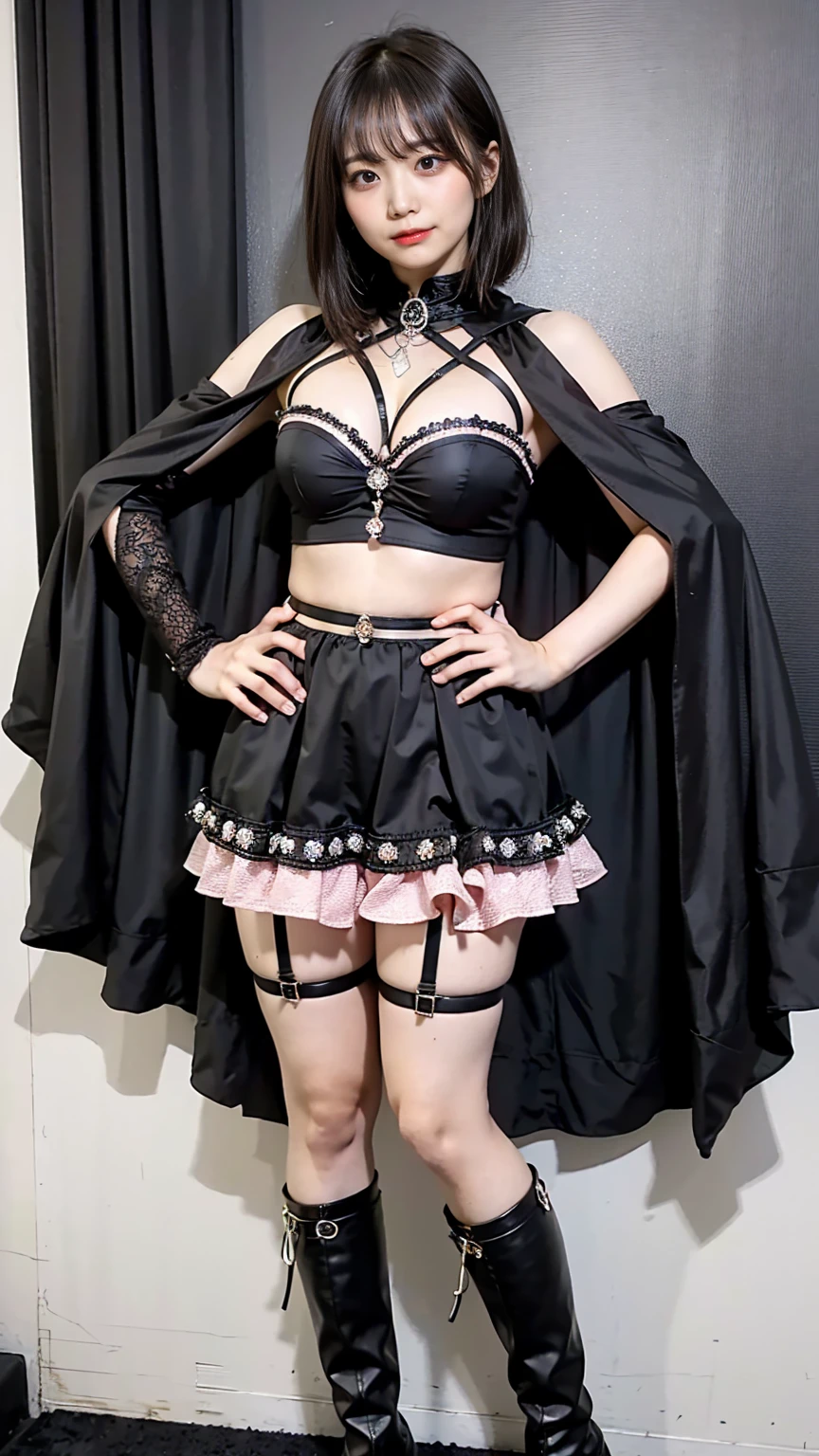 (8k、RAW Photos、highest quality、masterpiece:1.2)、(Realistic、Realistic)、1 girl、((Black and pink dress、belly button、Pink ee-through、Big Breasts、View from the front、stage、Spotlight、Straight Hair、garter belt、smile、Bustier、Cape、smile、whole body、short boots、Standing with hands on hips))、Lots of eyelashes、Glowing eyelids、skeletally correct