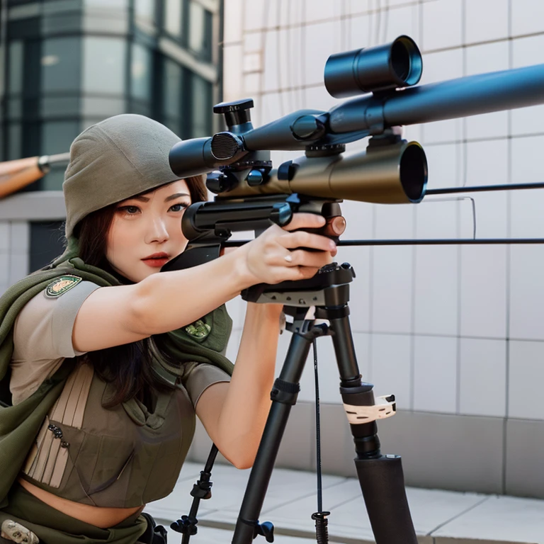(((Accurate and detailed depiction of a sniper rifle:1.7))),(((Perfect Anatomy:1.4,Realistic:1.4,Raw photo:1.4,masterpiece、highest quality、Ultra - High resolution、High resolution、Extremely detailed CG、8k))),Cowboy Shot,1 female,alone、18-year-old Japanese high school student,Japanese,((Beautiful and exquisite face and eyes:1.3,Big beautiful eyes:1.3,Grey Eyes)),Black Hair,Short Bob Hair,Blunt bangs,blush,(Medium chest,Slender body,Small Head:1.3,skinny),(Glowing Skin:1.4,Oily skin,Shiny skin),(White collared shirt、Pleated black mini skirt)、((Take a peek at the sights:1.5,Owns one sniper rifle:1.5))、Gun Sniper Stance:1.5、Kneel,Skyscraper rooftop、Tokyo、At night、moonlight,