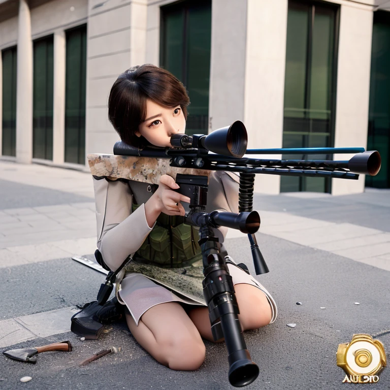 (((Accurate and detailed depiction of a sniper rifle:1.7))),(((Perfect Anatomy:1.4,Realistic:1.4,Raw photo:1.4,masterpiece、highest quality、Ultra - High resolution、High resolution、Extremely detailed CG、8k))),Cowboy Shot,1 female,alone、18-year-old Japanese high school student,Japanese,((Beautiful and exquisite face and eyes:1.3,Big beautiful eyes:1.3,Grey Eyes)),Black Hair,Short Bob Hair,Blunt bangs,blush,(Medium chest,Slender body,Small Head:1.3,skinny),(Glowing Skin:1.4,Oily skin,Shiny skin),(White collared shirt、Pleated black mini skirt)、((Take a peek at the sights:1.5,Owns one sniper rifle:1.5))、Gun Sniper Stance:1.5、Kneel,Skyscraper rooftop、Tokyo、At night、moonlight,