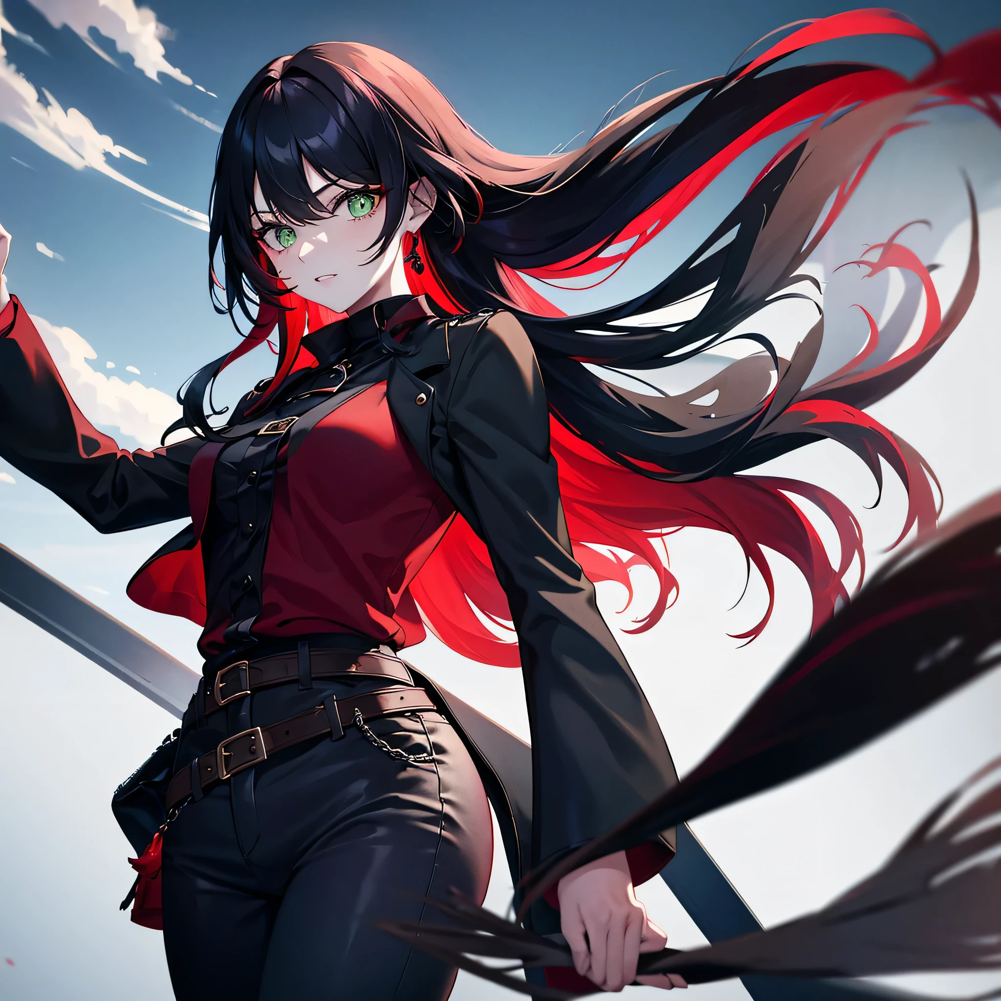 Mature woman with green eyes and black hair, inner red hair, long hair, a black blouse, a red jacket, and dark tight pants.