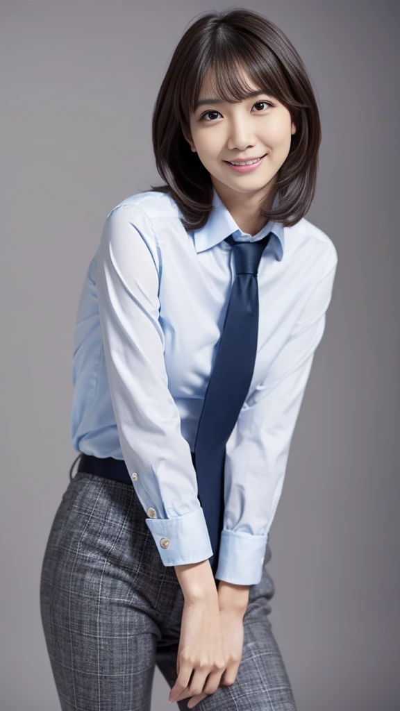 ((1 girl)), Very beautiful Japanese idol portraits, (RAW Photos, highest quality), (Realistic, Realistic:1.4), (masterpiece), Very delicate and beautiful, Very detailed, 2k wallpaper, wonderful, finely, Very detailed CG Unity 8K 壁紙, Very detailed, High resolution, Soft Light, Beautiful detailed girl, Very detailed目と顔, Beautiful and detailed nose, finelyて美しい目, Cinema Lighting, (Simple light color background:1.3), (Long Hair), (Parted bangs), Complete Anatomy, Slender body, Small breasts, smile, ((Full body shot)), ((banker)), (business suit),(Panty lines),Sexy pose,Vibrant,((secretary)),Slender,Long legs,