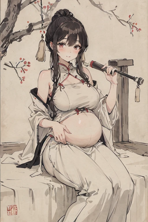 (masterpiece, best quality: 1.2), Traditional Chinese ink painting, A sexy and lovely 18-year-old woman,Medium chest, Oversized dress :1.2, bench, Ultra-fine face, delicate eyes, Double eyelids, SFW , Long skirt,Large Breasts,Pregnant,Big, big belly,Oversized belly