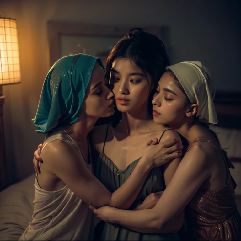 portrait of three lesbian hijab women embracing,woman holding another woman,posing in bed,8k,with raining effect room atmosphere,,dark lighting,,kissing in bed,romanticly,,intimate,,perfect body, matured body, detail skin texture, professional lighting, bokeh, nighttime, soft lighting, blur background, portrait photography, medium shot, 35mm lense, Over-the-shoulder shot, pastel color grading, depth of field cinematography, western film style, high quality, ultra detail, 8k resolution