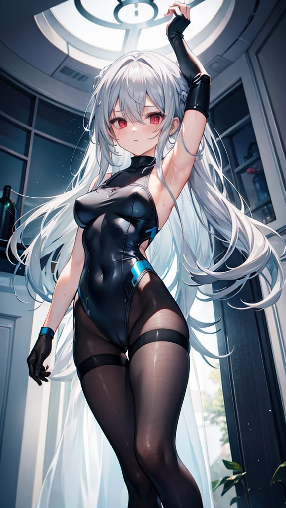 Gray Hair Red Eye Long Hair Lori slender Light blue leotard Embarrassing Wet black tights Erotic