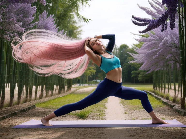 masterpiece, Best quality, Realistic, 
1 fille, Yujiasuit, （Gilet de yoga blanc：1.2）,  seul, Pose，Scene details， cheveux roses, Baisse les yeux et souris，silhouette fine parfaite，((Pantalon de yoga moulant de couleur vive, Yeux violets, very long pink hair flying in the wind)), tout le corps，poitrine push-up，exterior bamboo and forest , pose emphasizing one&#39;s balance and beauty. ultra Realistic, texture de peau Realistic, 16k, longue jambe, mains parfaites, very detailed perfect eyes:1.6, the abdominals are slightly defined, 