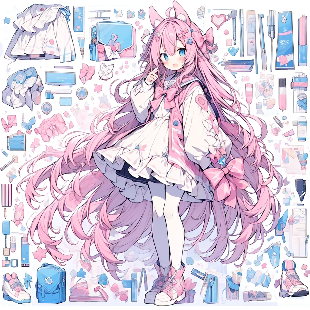 1 Girl, animal ears, Pink Hair, long hair, rabbit, open mouth, Smile, rabbit ears, bow, Solitary, White background, skirt, Pantyhose, wall, blue eyes, View Viewer, :D, whole body, Simple background, Nail polish, striped, Keep, Arms raised, Say goodbye to hair accessories, hairstyle, Long sleeve, Puff sleeves, 水彩shoe, shoe, 蓝色shoe类, jump, animal, blush, argyle, Star (symbol), Holding a magic wand, Very long hair, Ribbon,