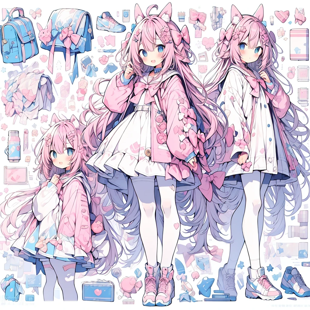 1 Girl, animal ears, Pink Hair, long hair, rabbit, open mouth, Smile, rabbit ears, bow, Solitary, White background, skirt, Pantyhose, wall, blue eyes, View Viewer, :D, whole body, Simple background, Nail polish, striped, Keep, Arms raised, Say goodbye to hair accessories, hairstyle, Long sleeve, Puff sleeves, 水彩shoe, shoe, 蓝色shoe类, jump, animal, blush, argyle, Star (symbol), Holding a magic wand, Very long hair, Ribbon,