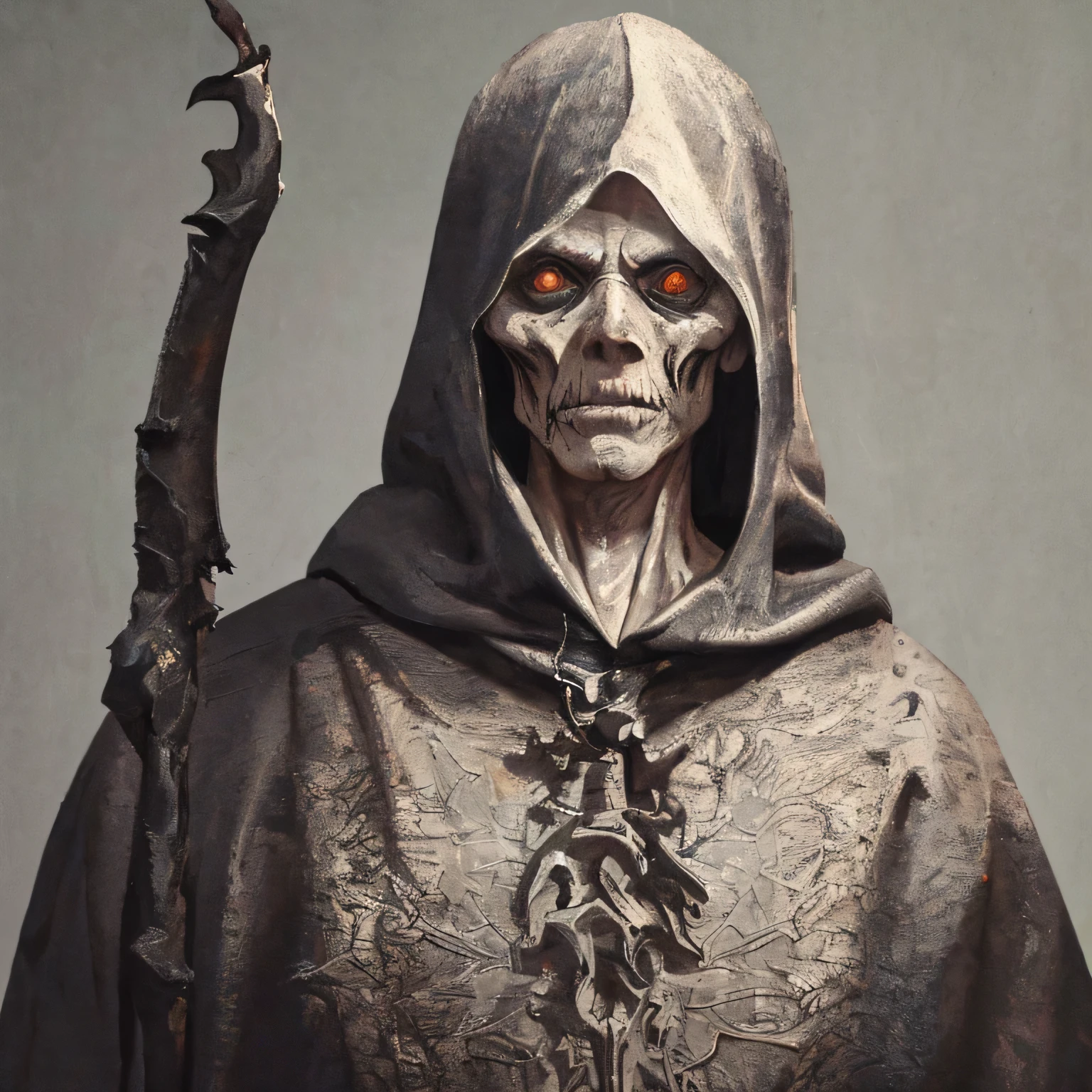 Grim Reaper, ((realistic, masterpiece, Best Quality, 8K, high resolution:1.3)), intricate details, (red eyes:1.5), Drops of blood,