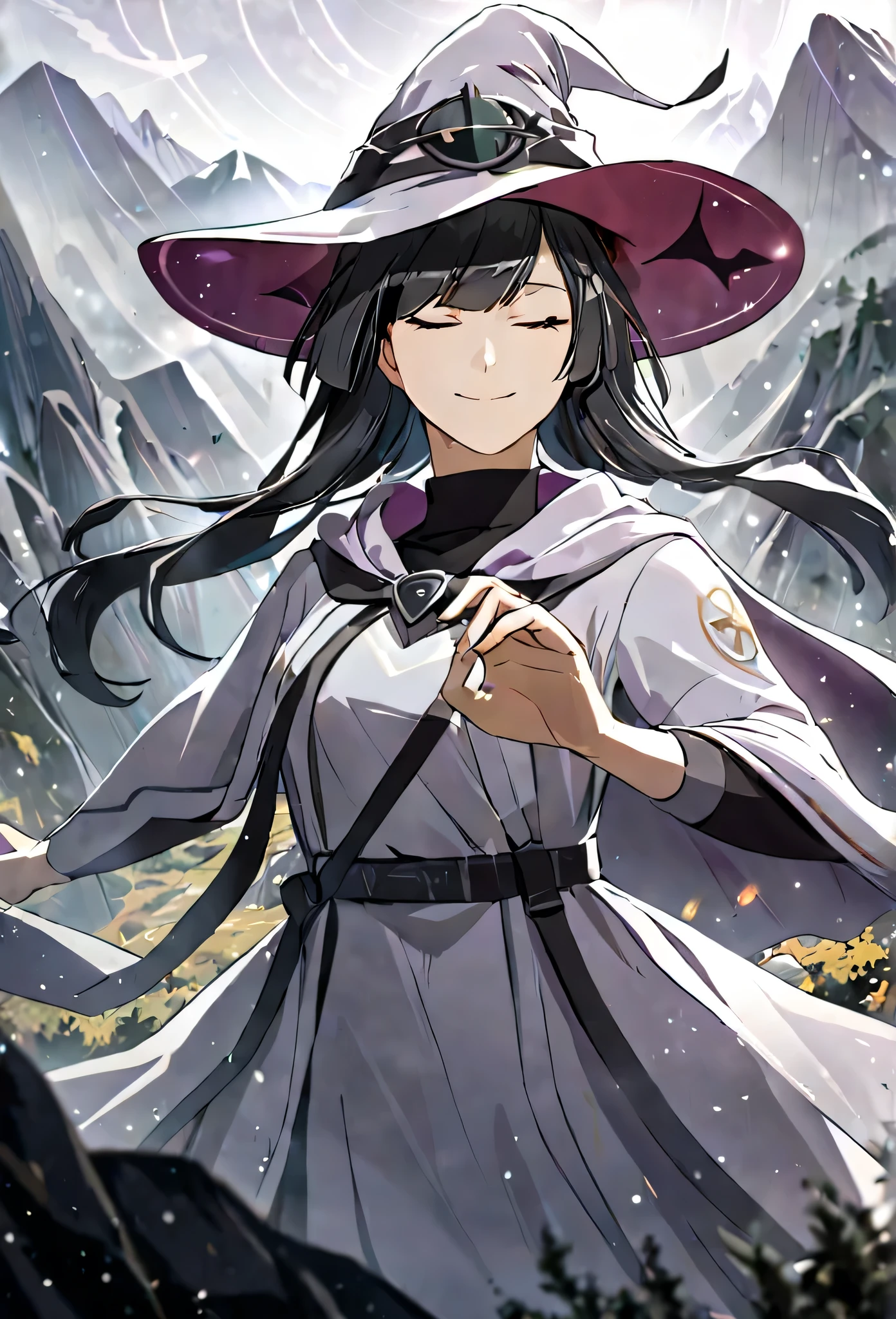 masterpiece,best quality, solo, eda, bangs, black hair, white clothes, mountains, high mountains,cloudy, mist she was wearing witch outfit, mountains background, witch suit, white dress, witch hat, she is a cosmic witch, smiling, closed mouth, calm, confident , cool, she is using her mystic powers, her dress is grey, she is fighting someone, closed eyes, she is using mystic arts, she is using hand signs, she has stance, dynamic pose, she is confident with her magic, misty mountain, she is hiking in the mountains