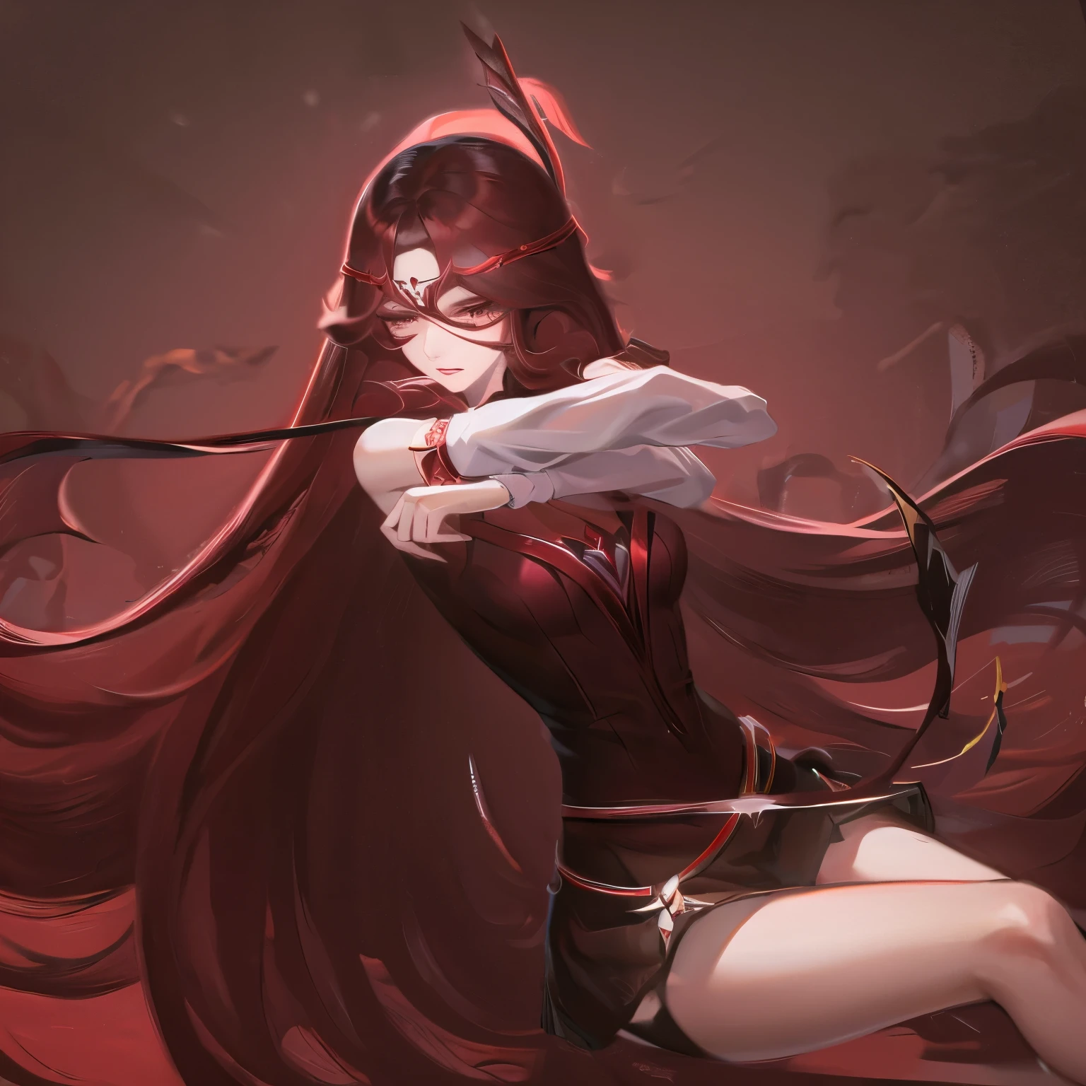 Eris Greyrat, 1 Girl, Solitary, long hair, Ahog, Red Eyes, Red hair, Bare shoulders,Headband, Cross your arms,blush, skirt, black Headband, Separate sleeves,Bangs, Hair between the eyes, Long sleeve, Hair flap, Shut up, black skirt, brown skirt, shirt, crossed Bangs, very long hair, white