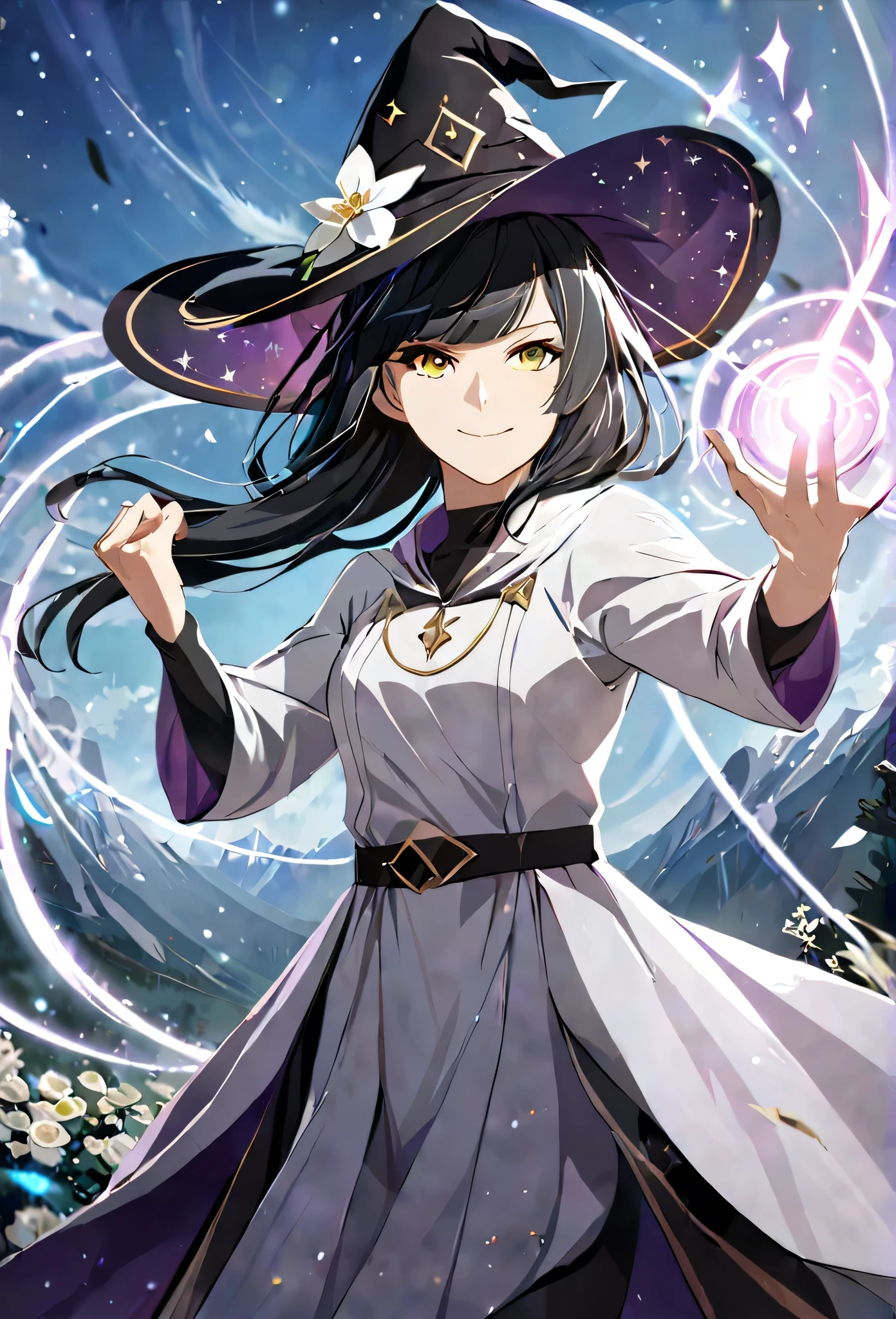 masterpiece,best quality, solo, eda, bangs, black hair, white clothes, white flower,blue sky,cloud, she was wearing witch outfit, mountains background, witch suit, white dress, witch hat, she is a cosmic witch, smiling, closed mouth, calm, confident , cool, she is using her mystic powers, her dress is grey, she is fighting someone, looking at the viewer, she is using mystic arts, she is using hand signs, she has stance, dynamic pose, she is confident with her magic