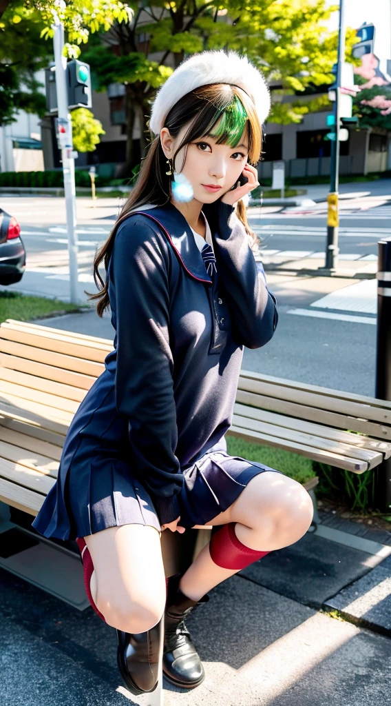 Mix 4, (16K, Raw photo, Best image quality, masterpiece: 1.45), (Realistic, Photorealistic: 1.37), One Girl, 7．5, wait、Standing posture，Noon time slot、cute, Cityscape,, Professional Lighting, Photon Mapping, Streets with roadside trees, Physically Based Rendering, Gradient dark brown hair,, Handsome, Beautiful, well-groomed eyes、Big double eyelids、Very shiny、With a girl, (((school uniform、日本の女子生徒が着用するLong sleeve sailor suit、Red cuffs、Dark blue mini skirt, Small grey beret、Dark blue knee-high socks、Black Loafers))), Highest quality photos, High resolution, 1080p, (Clear Face), (Detailed face description), (Detailed hand description), (masterpiece), (Exquisite CGI)、Extreme light and shadow、Disheveled Hair、masterpiece、Rich details、(Beautiful Faces)、(Highest quality photoasseter muscle area)、(Detailed eyes)、Look in front of you、Thin clavicle、((Slim and large))、(((Long sleeve sailor suitを着た日本)))、((Lady Idol System))、((Tree-lined boulevard、bus stop、Timetable、bench))、(Shot from random perspectives)、(((とにかくcute)))、Earrings、Big smile、Drawing the whole body from the knees、No nasolabial folds、(((Long sleeve sailor suit)))、(Large saggy breasts:0.9)、Firm big ass、Two arms and two legs、Crouching down with legs apart(((from the front:0.5)))、bare hands、No mask