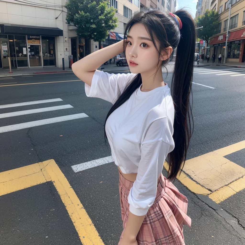 masterpiece  ,1 two-dimensional girl , Large Breasts,long hair ,ponytail, Hair accessories , Black hair , Put your hands behind your head:1.5,Colorful hair , JK , skirt,road , street,looking at the audience