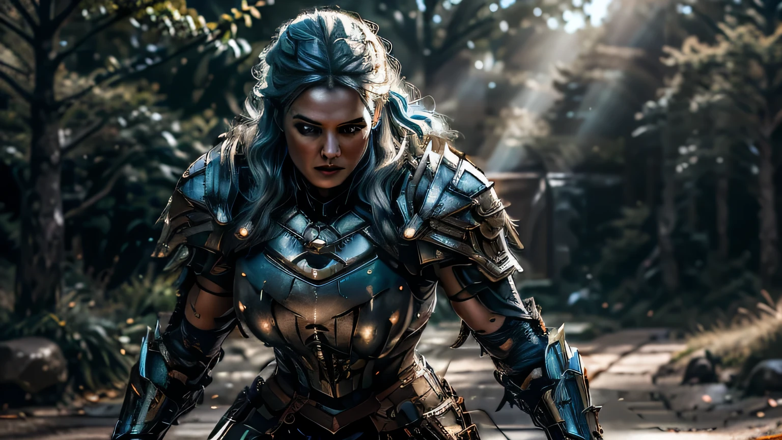 8K,asgard female warrior with very big breasts,Super beautiful(like the real thing),black very large chest armor,realistic skin,luxury black pants,Has a large, long black spear,sexy,muscular slim body,ripped abs,black shoulder armor,black waist armor,black leg armor,desert, rich colors, Backlight, cinematic lighting, film grain, RAW, 50mm lens,nikon D850,ultra high resolution,Super realistic,goddess,battle scene,action scene,action pose,shine a light on the face, long wavy blue hair, the Witcher, the Witcher armor, yennefer, running in the forest