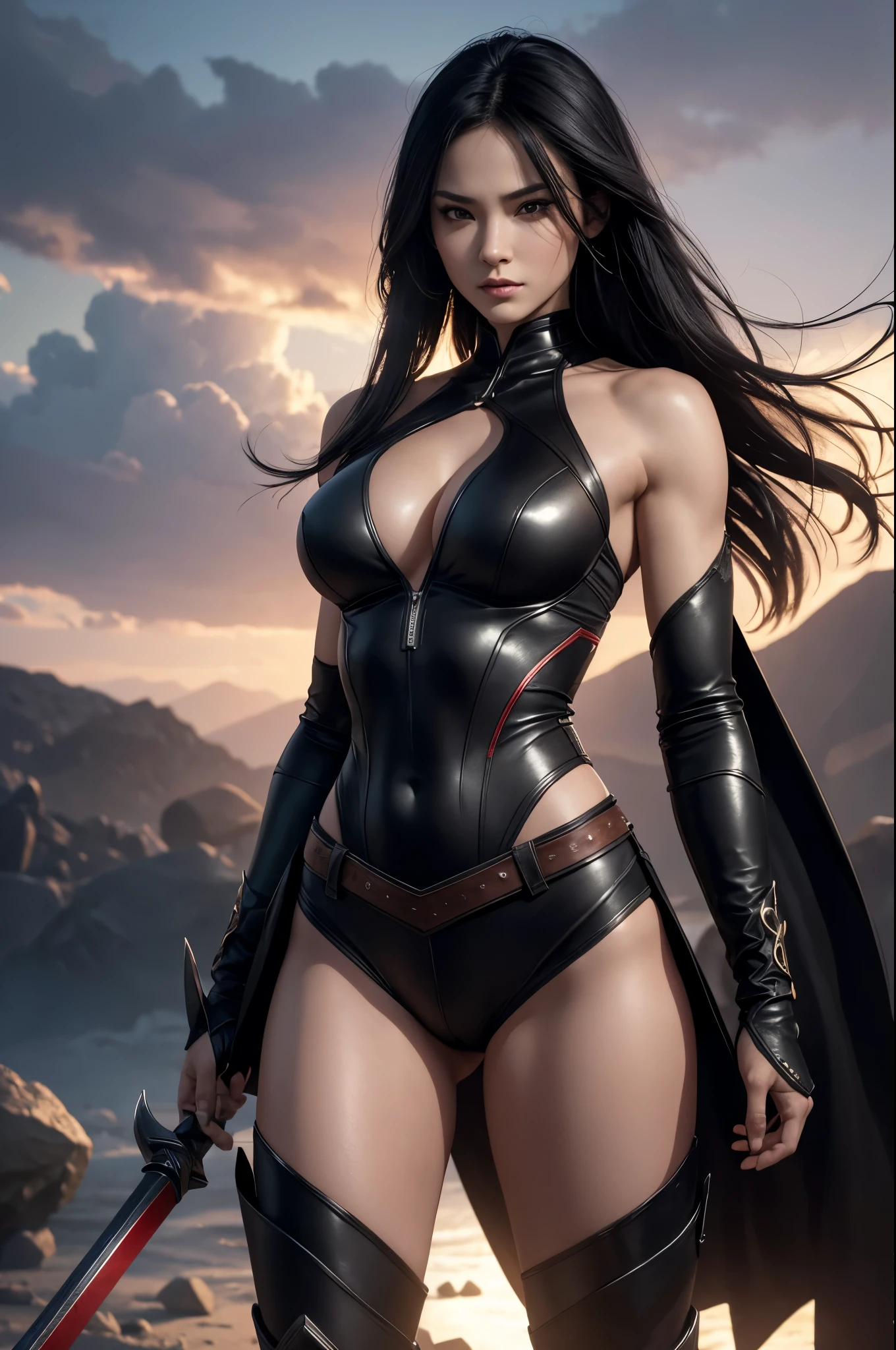 8K,Black-haired female demon slayer,Super Beauty(Like the real thing),Sexy Demon Slayer Costume,Toned, muscular body,Holds a long and large spear,Perfect Anatomy,charm,Volume measurement,Body balance,Digital single-lens reflex camera, Soft lighting, Detailed Background, Written boundary depth, Volumetric lighting, Sharp focus, Absurd, Realistic proportions, Excellent anatomy, (Realistic, 超Realistic:1.4), 16K HDR, dawn,A High Resolution,super Realistic 肌,Super beautiful expression,Fantasy art,Character Art,Wind effects:1.9、Cloud Effect:1.2、Full Rendering、Professional quality high resolution、Perfect contrast、Perfect lighting、Perfect composition、Perfect Skin、Perfect Fingers、Perfect breasts、Perfect Hair、Perfect Face、Realistic facial features,super highest quality,Slim figure,Perfect body line,Perfect hand shape,Anatomical body balance,Highly detailed face,Highly detailed eyes,Beautiful Lips,Excellent light particles,Cinema Lighting,Makeup,Ultra-high resolution,Ultra-Realistic Skin,Muscle Body,Hard and strong abs,Combat trousers,Black and red battle outfit,Angry expression,Combat Ready,Overflowing with power,