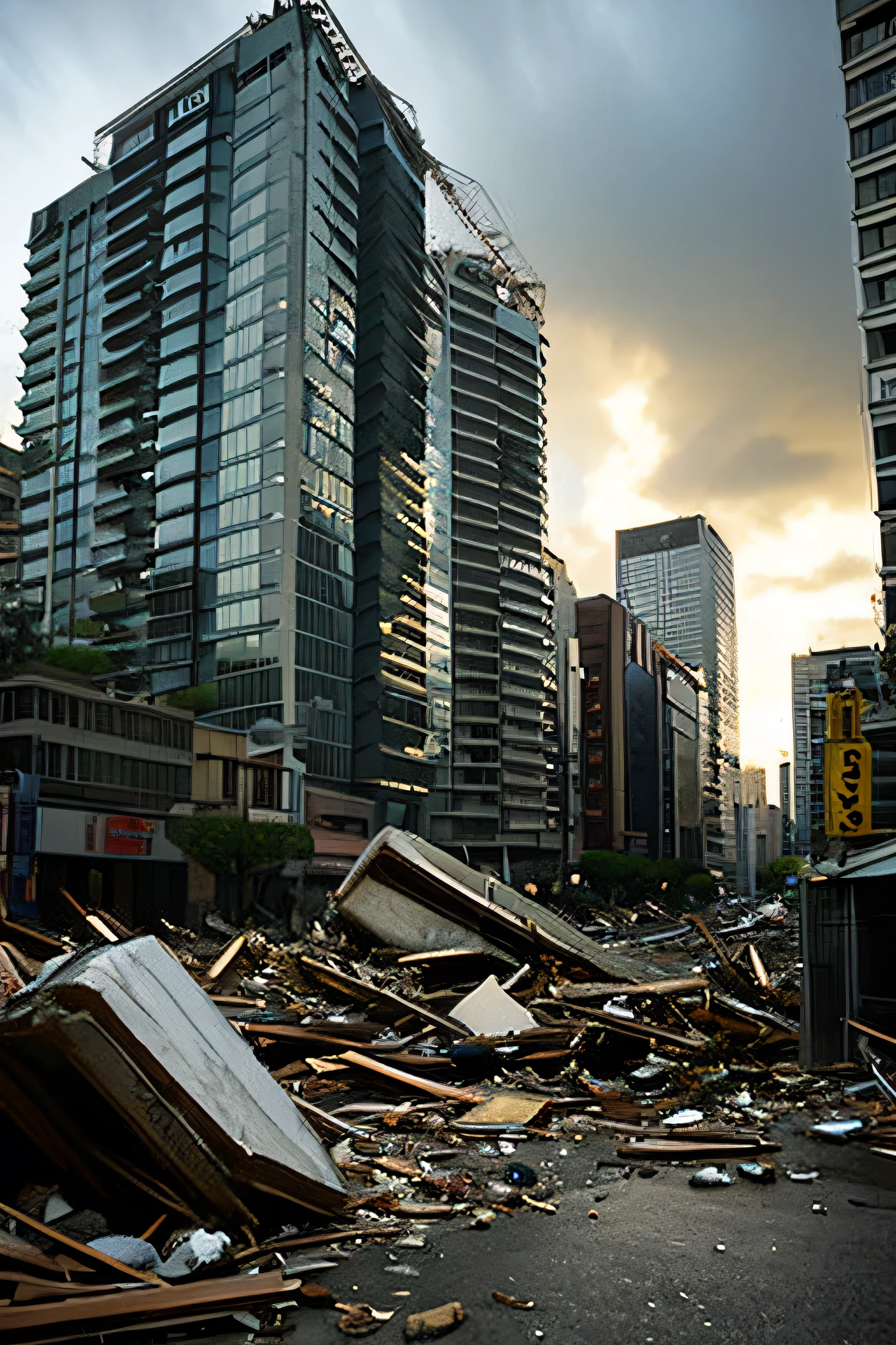 Realistic photo of Tokyo cityscape during a massive earthquake, buildings collapsing, streets cracking open, debris and destruction everywhere, cloudy and dark sky, eerie and unsettling atmosphere, strange-shaped clouds, highly detailed and lifelike, sense of motion and urgency, dust and rubble filling the air, gloomy and ominous setting
