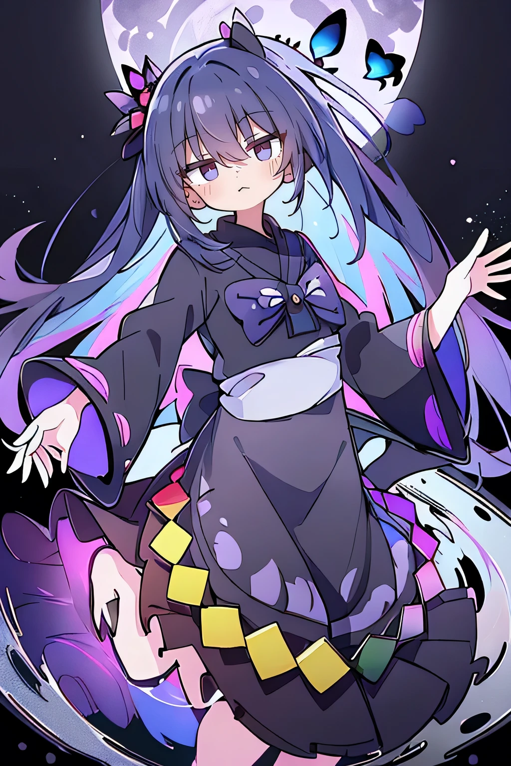 32k, Perfect body, Lovely , Lovely smile, Lovely dress, long hair, dark blue hair, Black skirt, ((Black butterfly)), ((Black butterfly hair ornament)), ((Black butterfly shaped brooch)), ((Black butterfly dress)), ((Black light particles)), (((Good quality))), ((Black Kimono)), ((Black Japanese clothing)), (((Floor on water))), ((Full Moon)),