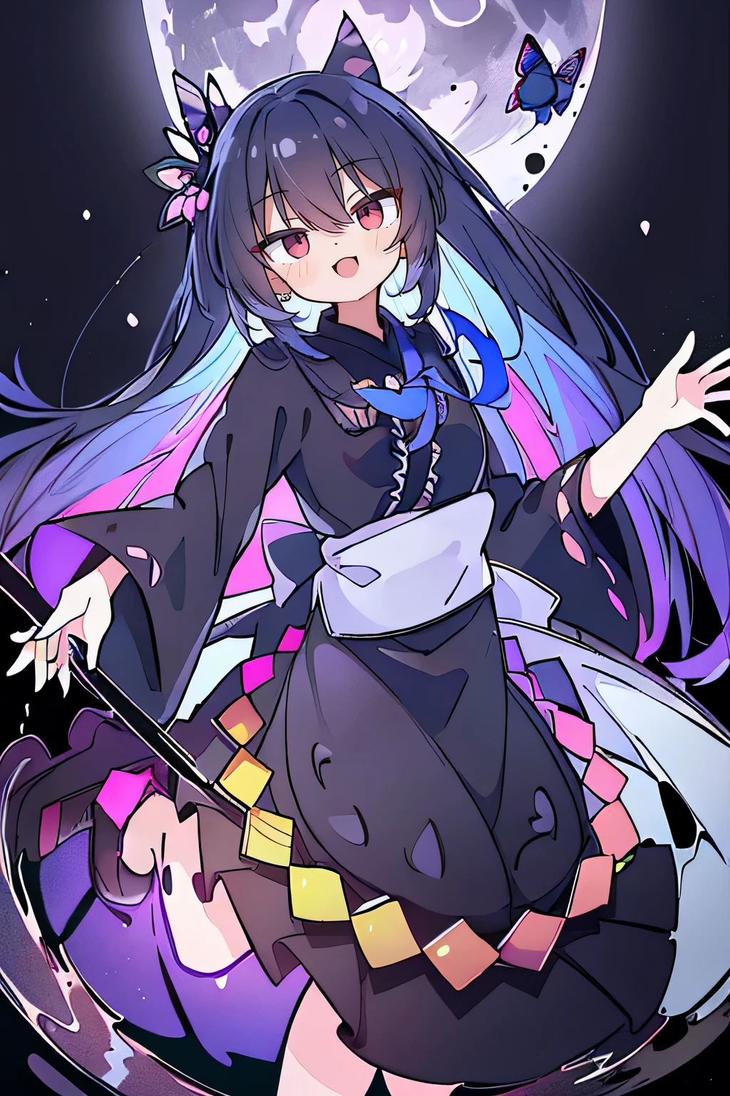 32k, Perfect body, Lovely , Lovely smile, Lovely dress, long hair, dark blue hair, Black skirt, ((Black butterfly)), ((Black butterfly hair ornament)), ((Black butterfly shaped brooch)), ((Black butterfly dress)), ((Black light particles)), (((Good quality))), ((Black Kimono)), ((Black Japanese clothing)), (((Floor on water))), ((Full Moon)),