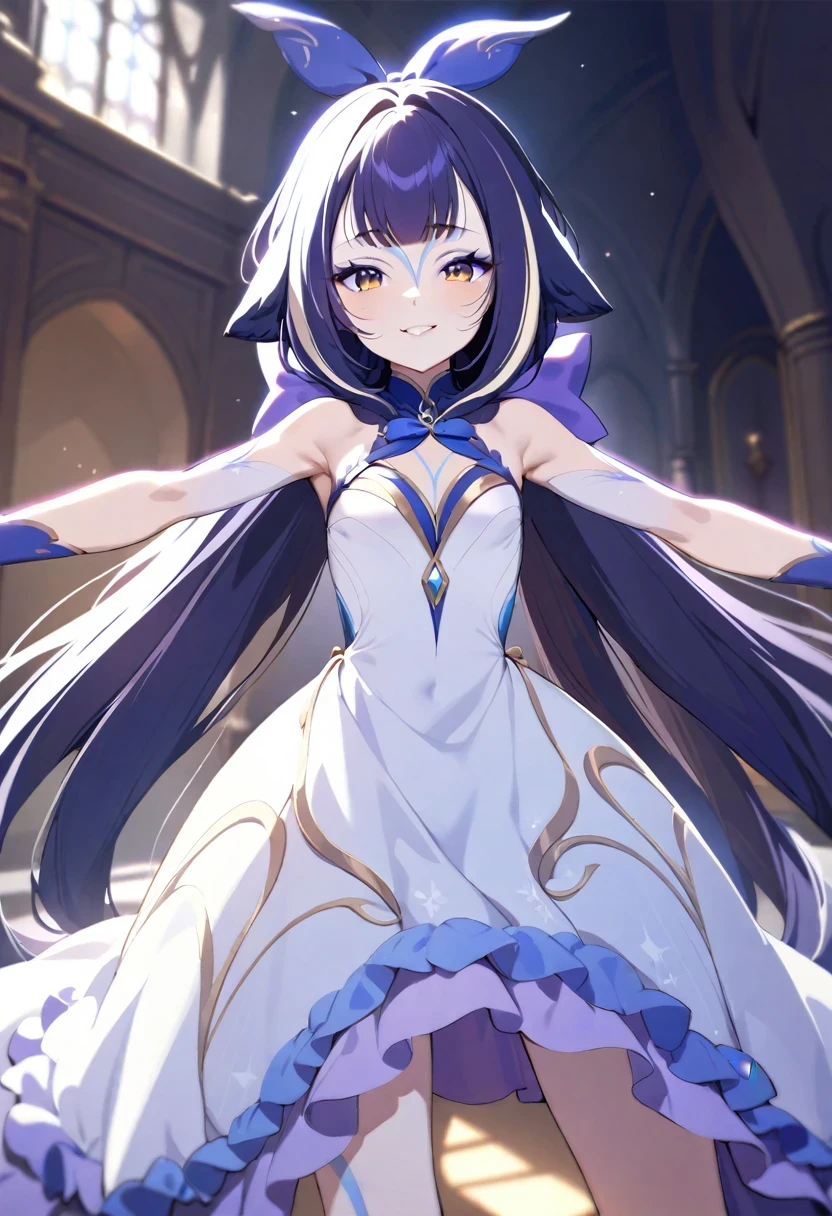 (shylily/(Twich/):1.5),(masterpiece:1.2),(best quality:1.2),masterpiece, best quality, Extremely detailed, 1 Girl, (Change:1.2), , flat chest, Magical girl, White Dress, Gold thread embroidery, long skirt, Very long hair, Low Twin Tails, gold ribbon, Bangs, Smile, Yellow eyes, In the castle hall, dance