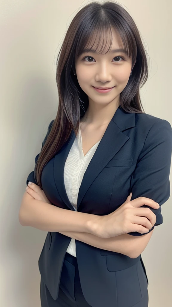 ((1 girl)), Very beautiful Japanese idol portraits, (RAW Photos, highest quality), (Realistic, Realistic:1.4), (masterpiece), Very delicate and beautiful, Very detailed, 2k wallpaper, wonderful, finely, Very detailed CG Unity 8K 壁紙, Very detailed, High resolution, Soft Light, Beautiful detailed girl, Very detailed目と顔, Beautiful and detailed nose, finelyて美しい目, Cinema Lighting, (Simple light color background:1.3), (Long Hair), (Parted bangs), Complete Anatomy, Slender body, Small breasts, smile, ((Full body shot)), ((banker)), (business suit),(Panty lines),Sexy pose,Vibrant,((secretary)),Slender,Long legs,