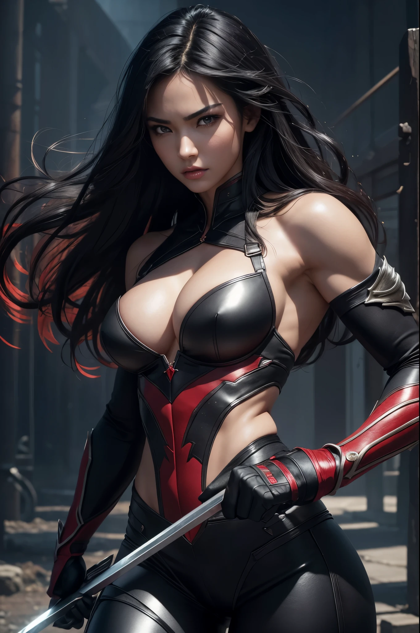 8K,Black-haired female demon slayer,Super Beauty(Like the real thing),Sexy Demon Slayer Costume,Toned, muscular body,Holds a long and large spear,Perfect Anatomy,charm,Volume measurement,Body balance,Digital single-lens reflex camera, Soft lighting, Detailed Background, Written boundary depth, Volumetric lighting, Sharp focus, Absurd, Realistic proportions, Excellent anatomy, (Realistic, 超Realistic:1.4), 16K HDR, dawn,A High Resolution,super Realistic 肌,Super beautiful expression,Fantasy art,Character Art,Wind effects:1.9、Cloud Effect:1.2、Full Rendering、Professional quality high resolution、Perfect contrast、Perfect lighting、Perfect composition、Perfect Skin、Perfect Fingers、Perfect breasts、Perfect Hair、Perfect Face、Realistic facial features,super highest quality,Slim figure,Perfect body line,Perfect hand shape,Anatomical body balance,Highly detailed face,Highly detailed eyes,Beautiful Lips,Excellent light particles,Cinema Lighting,Makeup,Ultra-high resolution,Ultra-Realistic Skin,Muscle Body,Hard and strong abs,Combat trousers,Black and red battle outfit,Angry expression,Combat Ready,Overflowing with power,
