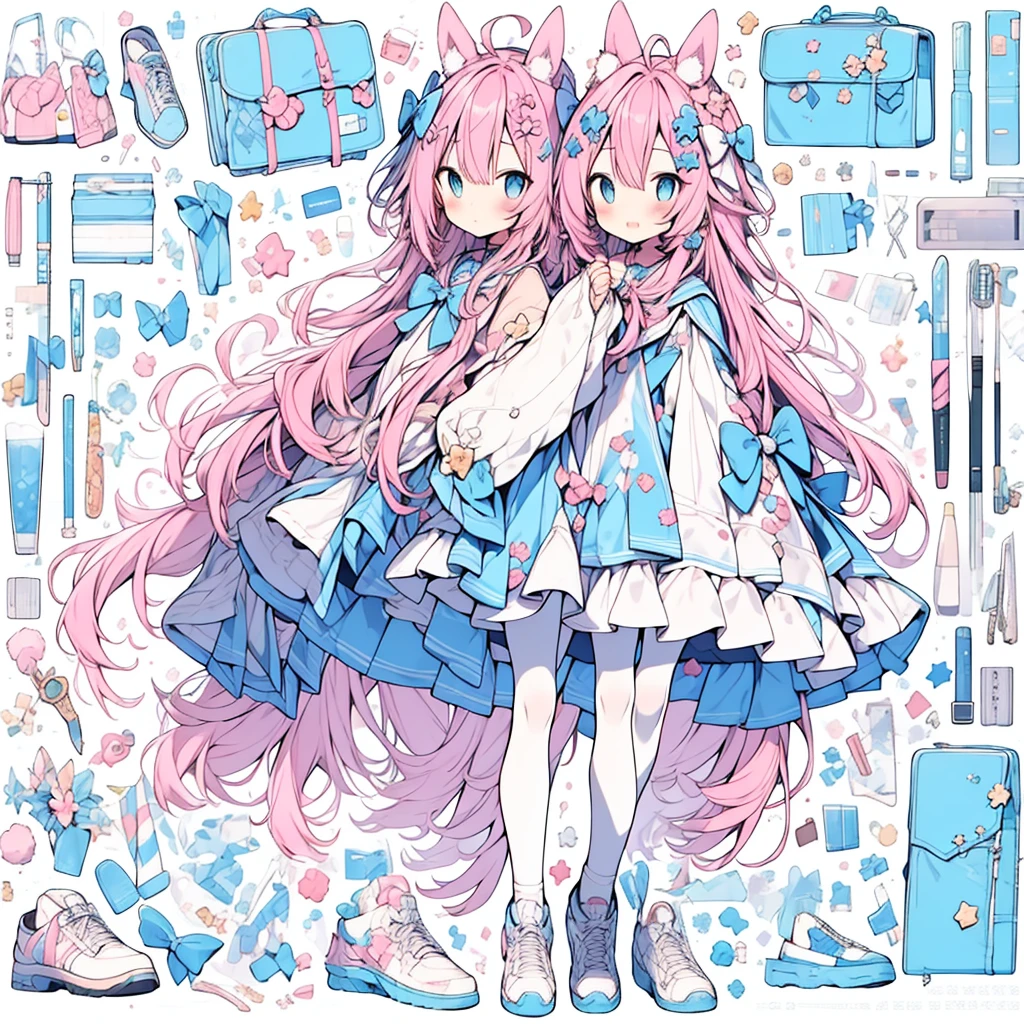 1 Girl, animal ears, Pink Hair, long hair, rabbit, open mouth, Smile, rabbit ears, bow, Solitary, White background, skirt, Pantyhose, wall, blue eyes, View Viewer, :D, whole body, Simple background, Nail polish, striped, Keep, Arms raised, Say goodbye to hair accessories, hairstyle, Long sleeve, Puff sleeves, Watercolor shoe, shoe, Blue shoes, jump, animal, blush, argyle, Star (symbol), Holding a magic wand, Very long hair, Ribbon,