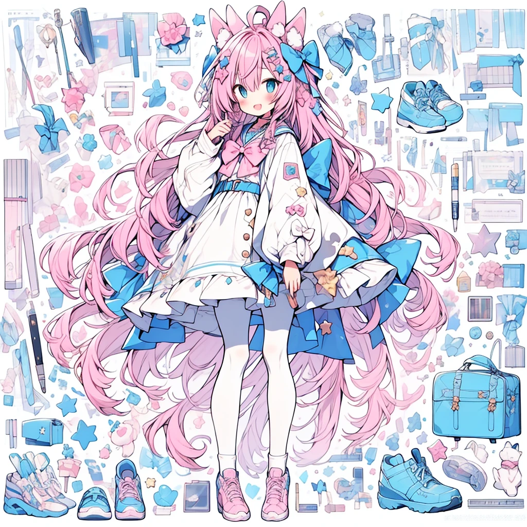 1 Girl, animal ears, Pink Hair, long hair, rabbit, open mouth, Smile, rabbit ears, bow, Solitary, White background, skirt, Pantyhose, wall, blue eyes, View Viewer, :D, whole body, Simple background, Nail polish, striped, Keep, Arms raised, Say goodbye to hair accessories, hairstyle, Long sleeve, Puff sleeves, Watercolor shoe, shoe, Blue shoes, jump, animal, blush, argyle, Star (symbol), Holding a magic wand, Very long hair, Ribbon,