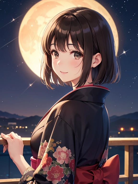masterpiece, highest quality, High resolution,
katou megumi、Shiny brown hair, short hair, Beautiful brown eyes、smile、Sparkling eyes, (Fine grain)、Ultra-detailed eyes、Highly detailed face, Highly detailed eyes,
Attractive kimono、dark colored kimono、Old-fashioned kimono、Cute Face、Make you feel quiet、at night、Beautiful starry sky、Crescent Moon、