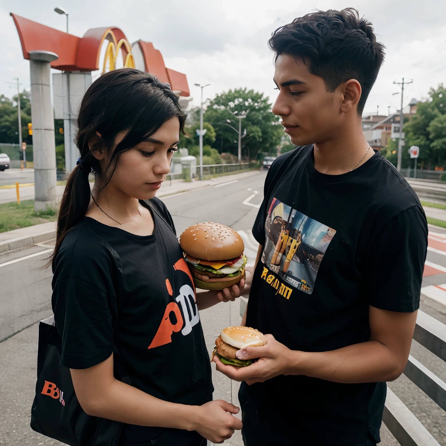 Create an anime of a mcdonalds employee handing burger to a young man with a cat on a bridge