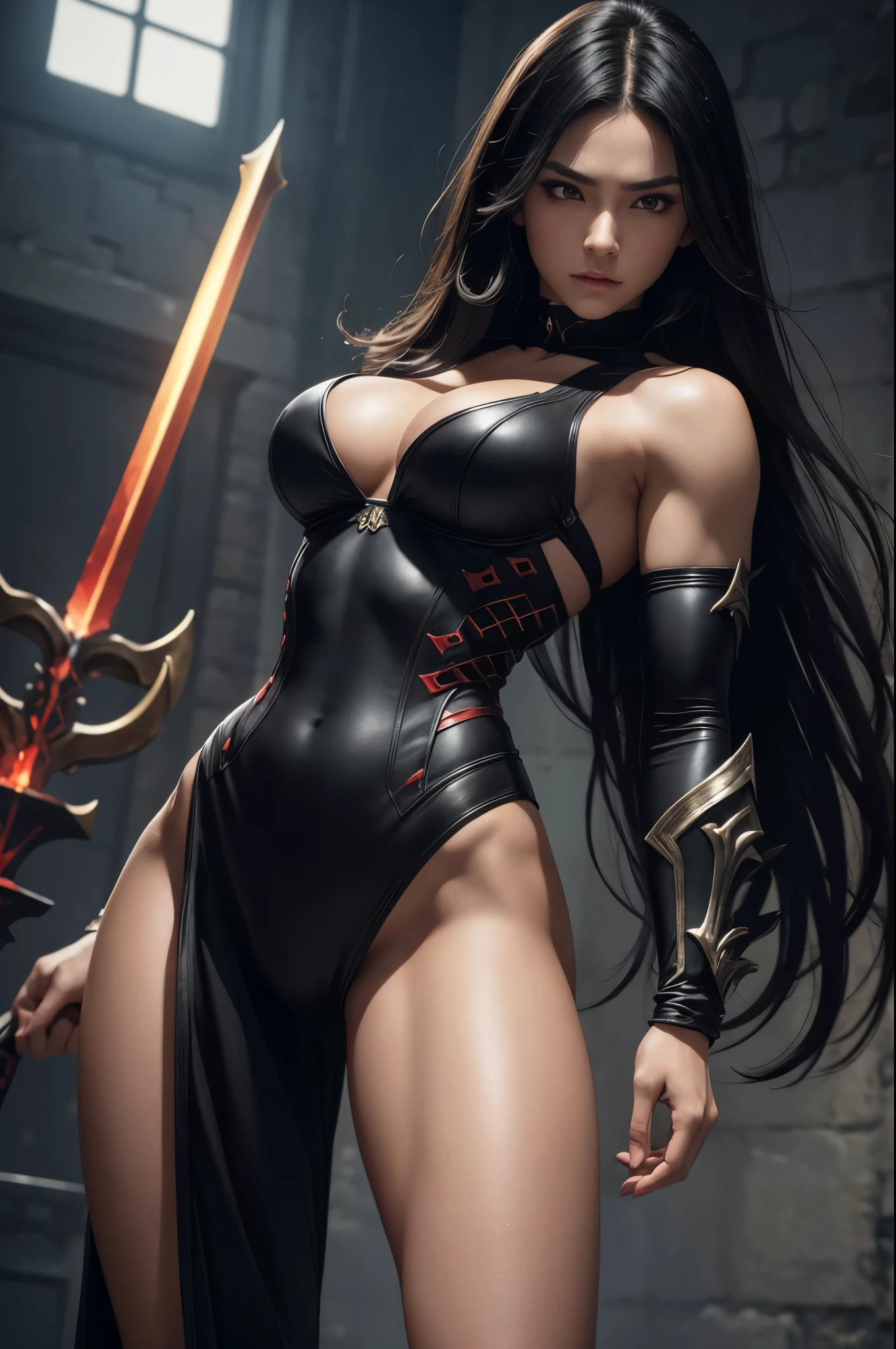 8K,Black-haired female demon slayer,Super Beauty(Like the real thing),Sexy Demon Slayer Costume,Toned, muscular body,Holds a long and large spear,Perfect Anatomy,charm,Volume measurement,Body balance,Digital single-lens reflex camera, Soft lighting, Detailed Background, Written boundary depth, Volumetric lighting, Sharp focus, Absurd, Realistic proportions, Excellent anatomy, (Realistic, 超Realistic:1.4), 16K HDR, dawn,A High Resolution,super Realistic 肌,Super beautiful expression,Fantasy art,Character Art,Wind effects:1.9、Cloud Effect:1.2、Full Rendering、Professional quality high resolution、Perfect contrast、Perfect lighting、Perfect composition、Perfect Skin、Perfect Fingers、Perfect breasts、Perfect Hair、Perfect Face、Realistic facial features,super highest quality,Slim figure,Perfect body line,Perfect hand shape,Anatomical body balance,Highly detailed face,Highly detailed eyes,Beautiful Lips,Excellent light particles,Cinema Lighting,Makeup,Ultra-high resolution,Ultra-Realistic Skin,Muscle Body,Hard and strong abs,Combat trousers,Black and red battle outfit,Angry expression,Combat Ready,Overflowing with power,