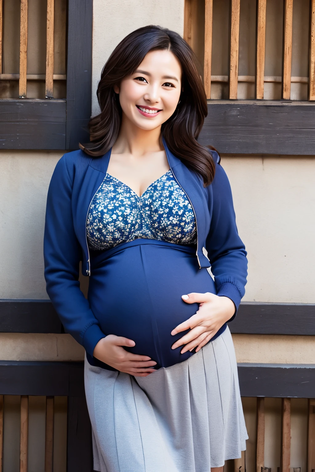 Mature and attractive woman、40 years old、1 person、bbw、Navy blue jacket, gray skirt、large boob、((pregnant))、A smile、masterpiece、top-quality