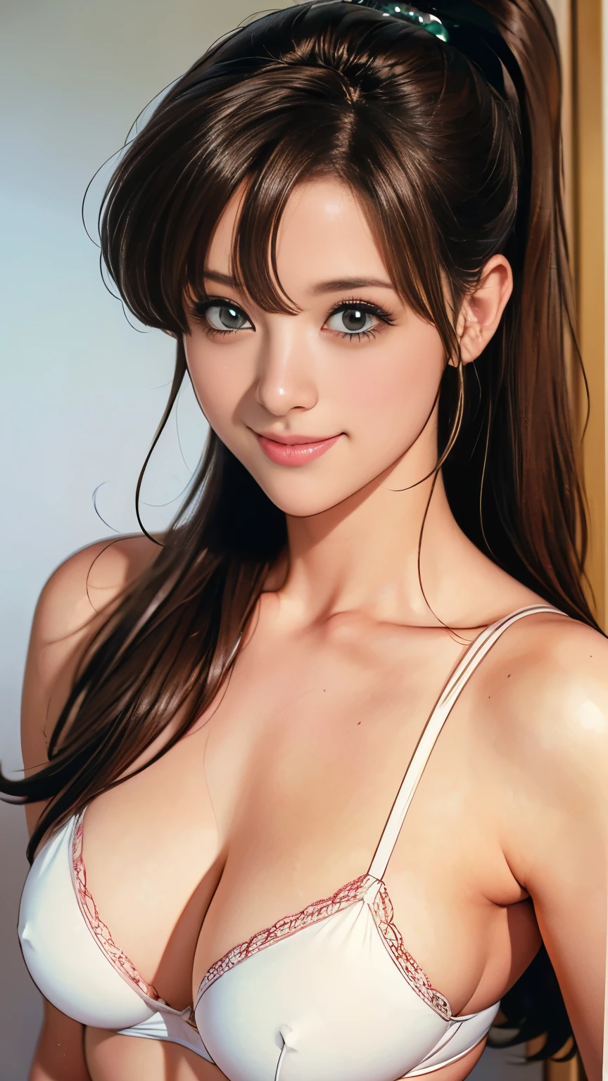 1 Female,nervous smile,from above,upper body,breast hold,face and body straight at the camera,Ultra-realistic as a photo,highest quality,8k, Ultra-high resolution,RAW Photos,well-proportioned body,Beauty,Small and beautiful breasts,POV,Sexy silk underwear,Sharpness,to close range,makoto kino,