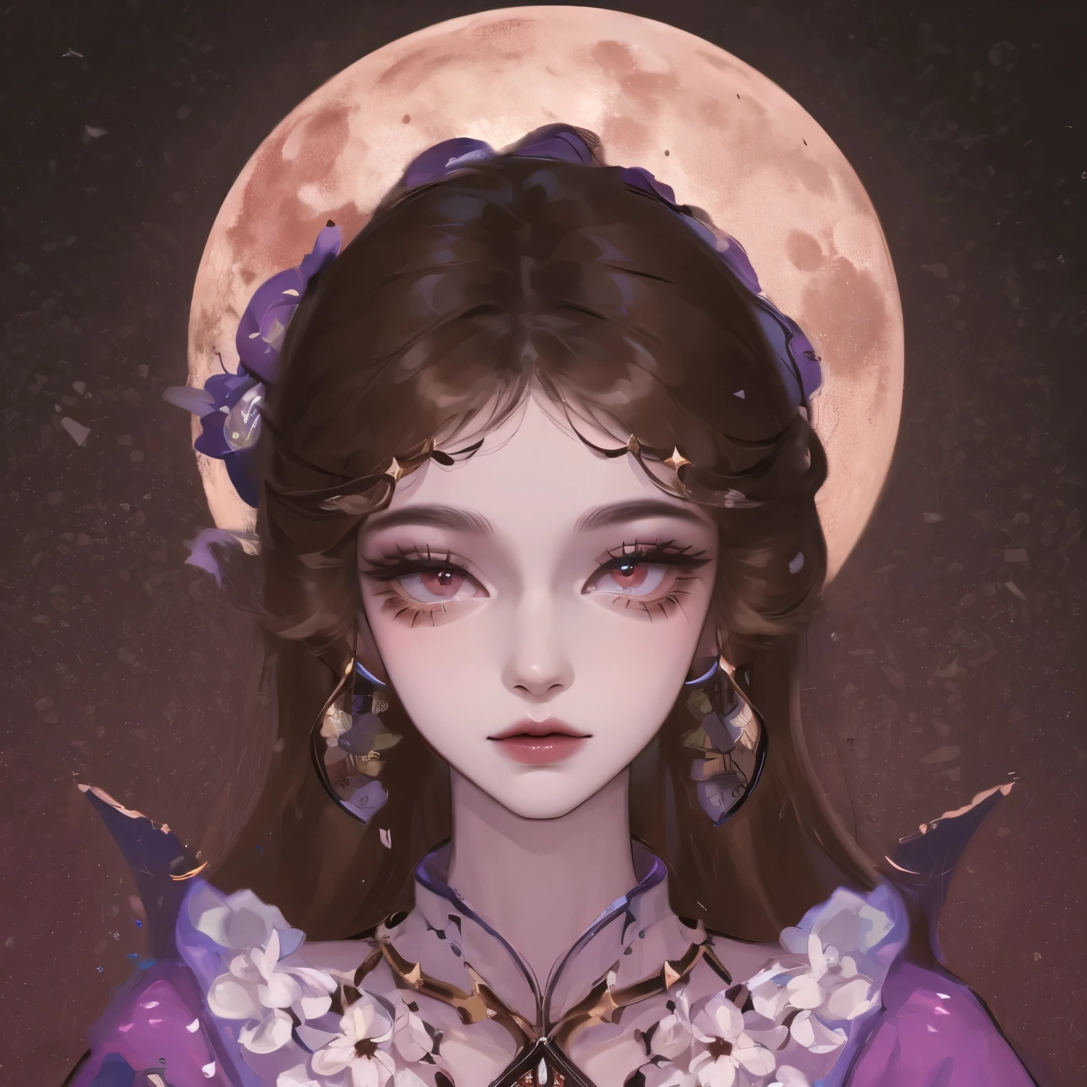 (masterpiece),(best quality), illustration, (fantasy:1.4), long brown hair, Long eyelashes, Solid round eyes, A faint smile, Surrealism, shadow, Relief, Stereogram, Atmospheric perspective, 8K, Super Detail, precise, best quality, Ultra HD, Textured Skin, Long skirt, A moon, Flowers , Paper_cut