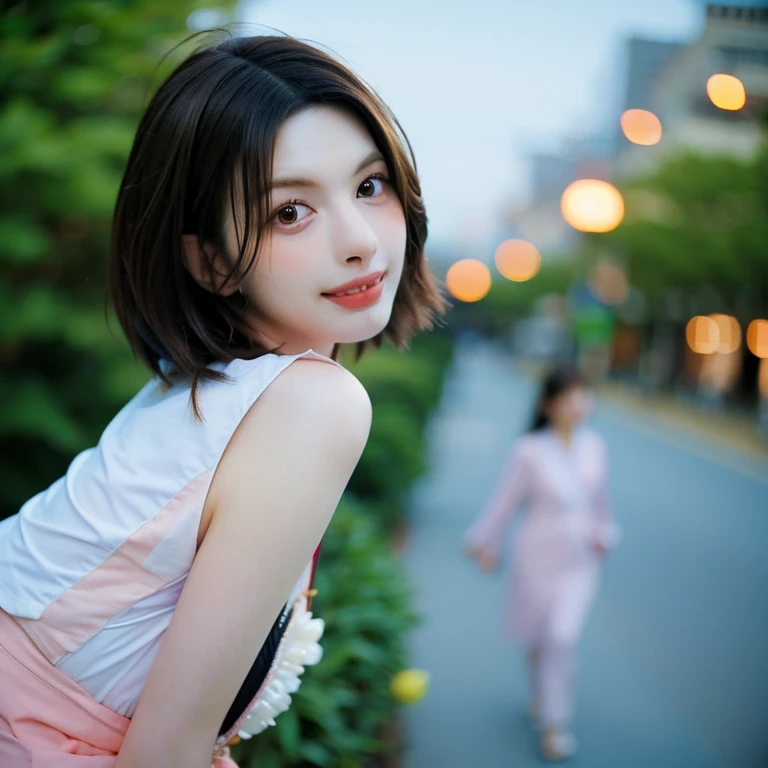masterpiece, best quality, ultra realistic photograph, 16K, (HDR), high resolution, female_solo, ((quite a bit body, )), nice_cleavage, beautiful hourglass body, nice slender legs, looking at viewer, big eyes, ((the luxurious prettiest Japanese idol model in the world, Anne Hathaway blended face, 24yo)), (smiling small eyed, random lower dresses), random stunning camera angle view, random perfectly camera lens, pastel simple background,