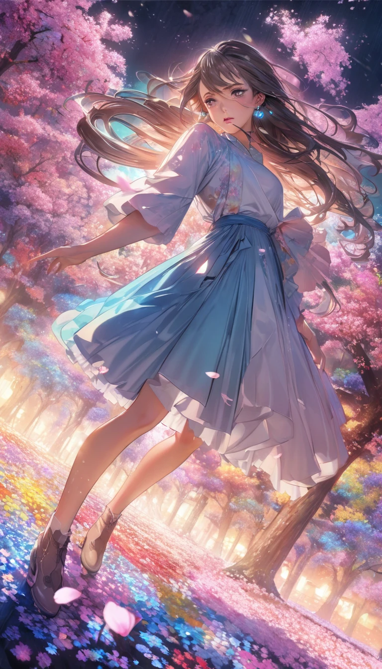 Anime Style, Ultra-fine illustrations, Very detailedな, Dynamic Angle, Beautiful details, 8k, On a Spring Night, Cherry blossom tree illuminated by city lights々is quietly shining. Break A woman stops, I was fascinated by the beautiful scenery, Watching the cherry blossoms fluttering down. Her expression is、It speaks of the coming of spring and a heartfelt admiration for the beauty of cherry blossoms.. masterpiece, highest quality, highest quality, Official Art, beautifully、Aesthetically beautiful:1.2), (1 girl, mature:1.3, Older:1.3), Very detailed,(Fractal Art:1.1),(colorful:1.4)(Flowers:1.3),Most detailed,(Tangled:1.2), (Dynamic pose), (Abstract background:1.3), (Shiny skin), (Many colors:1.4),(Earrings:1.4),