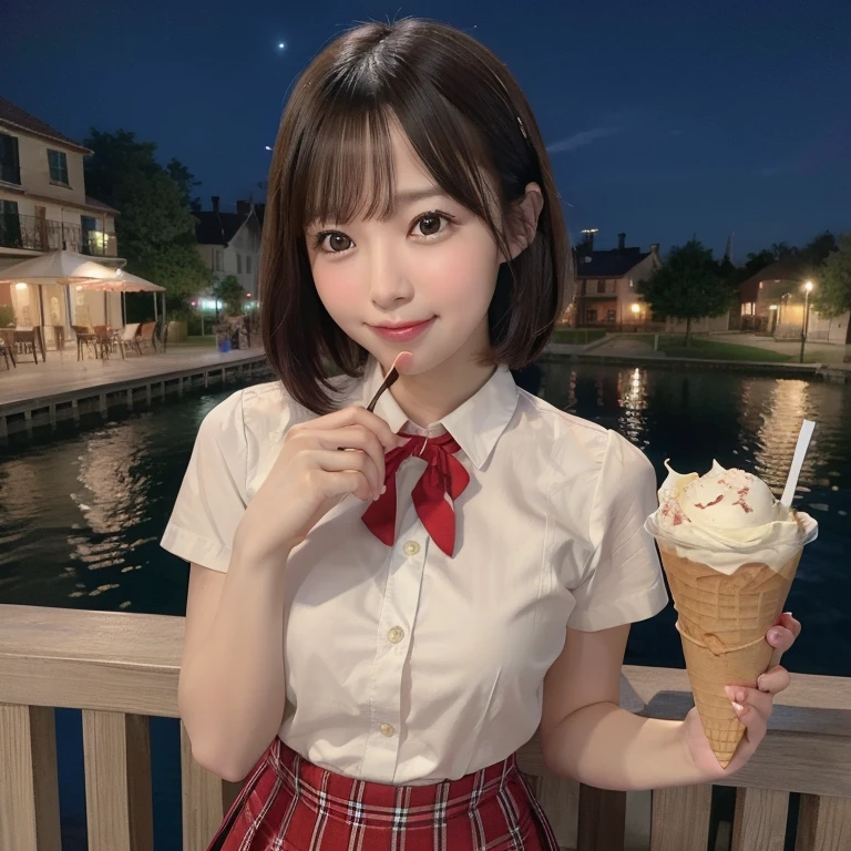 (8k, RAW Photos, highest quality, masterpiece: 1.2), (Realistic, photo-Realistic: 1.37), Super detailed, 1 girl, beautiful, alone, beautiful detailed sky, Detailed Coffee, night, Sitting, (My nose turned red), (smile: 1.1), (Mouth closed), Medium chest, beautiful detailed eyes, (Collared shirt: 1.1), bow tie, Pleated skirt, (short hair: 1.2), Long Hair, Eat a big ice cream,
