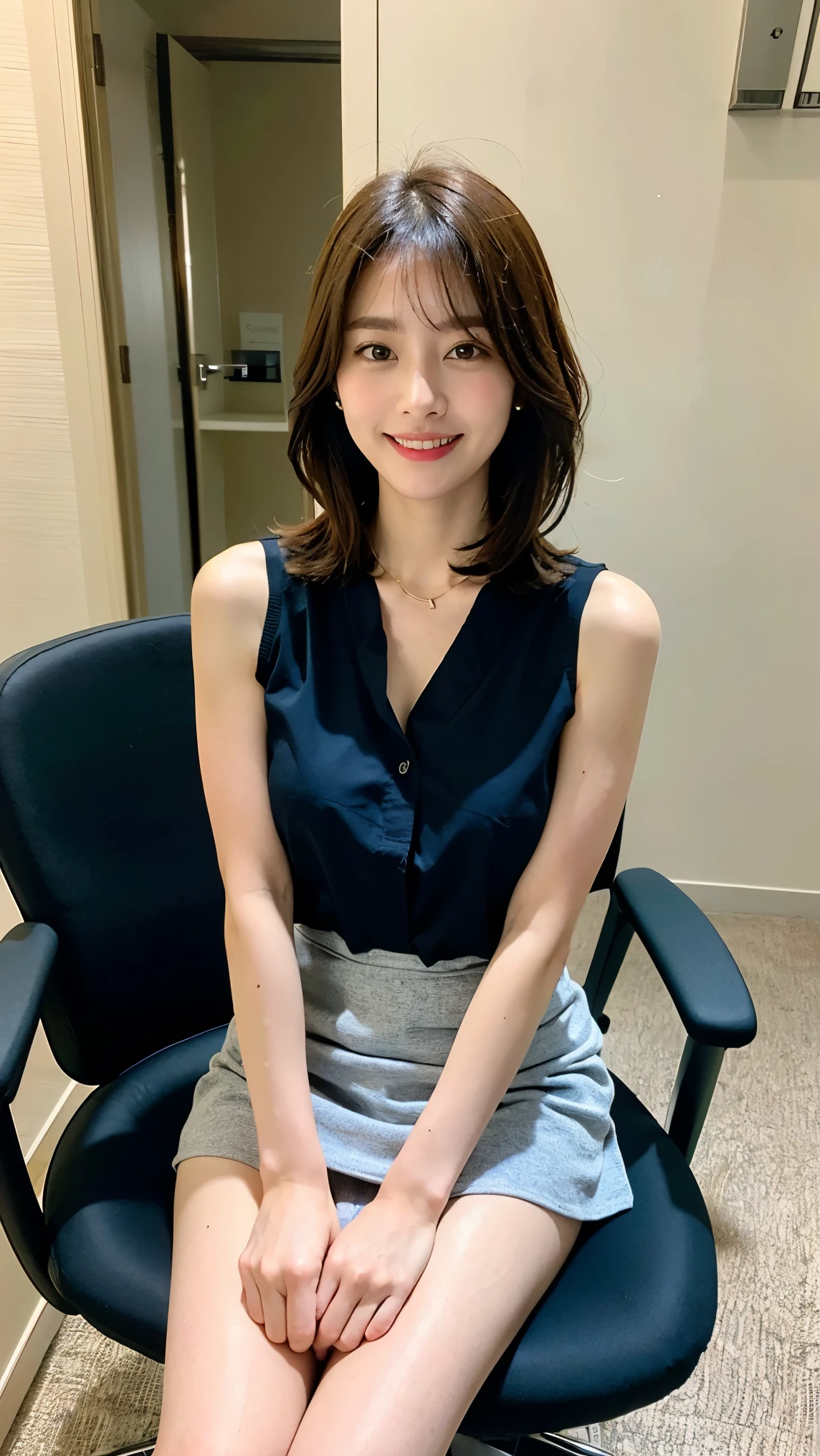 (masterpiece:1.3), (8k, Realistic, Raw photo, highest quality: 1.4), (Medium Hair:1.3), (Real Skin), Beautiful Skin, Charm, Ultra High resolution, Ultra-realistic, High resolution, Big Breasts:1.5、Smiling face:1.5、beauty secretary:1.5、office:1.5、short hair:1.5、Sleeveless blouse:1.5、Very large breasts:1.5、Sitting in a chair:1.5、mini skirt:1.5