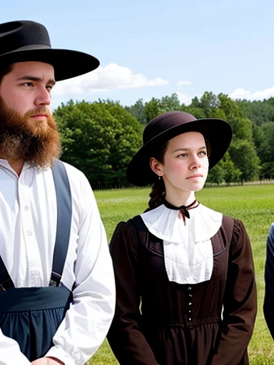 a group of Amish gathered, focus on the characters' faces.