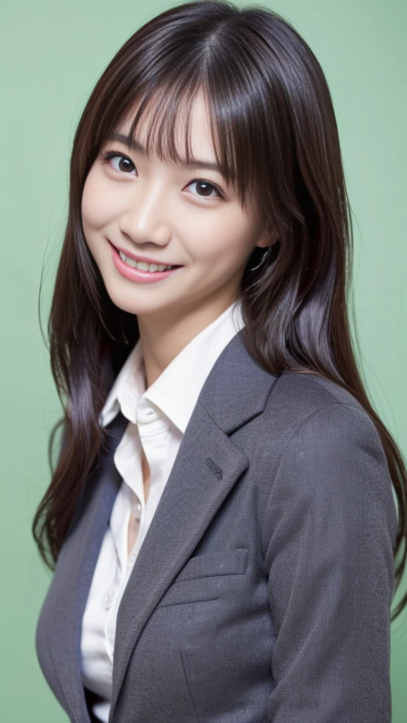 ((1 girl)), Very beautiful Japanese idol portraits, (RAW Photos, highest quality), (Realistic, Realistic:1.4), (masterpiece), Very delicate and beautiful, Very detailed, 2k wallpaper, wonderful, finely, Very detailed CG Unity 8K 壁紙, Very detailed, High resolution, Soft Light, Beautiful detailed girl, Very detailed目と顔, Beautiful and detailed nose, finelyて美しい目, Cinema Lighting, (Simple light color background:1.3), (Long Hair), (Parted bangs), Complete Anatomy, Slender body, Small breasts, smile, ((Full body shot)), ((banker)), (business suit),(Panty lines),Sexy pose,Vibrant,((secretary)),Slender,Long legs,