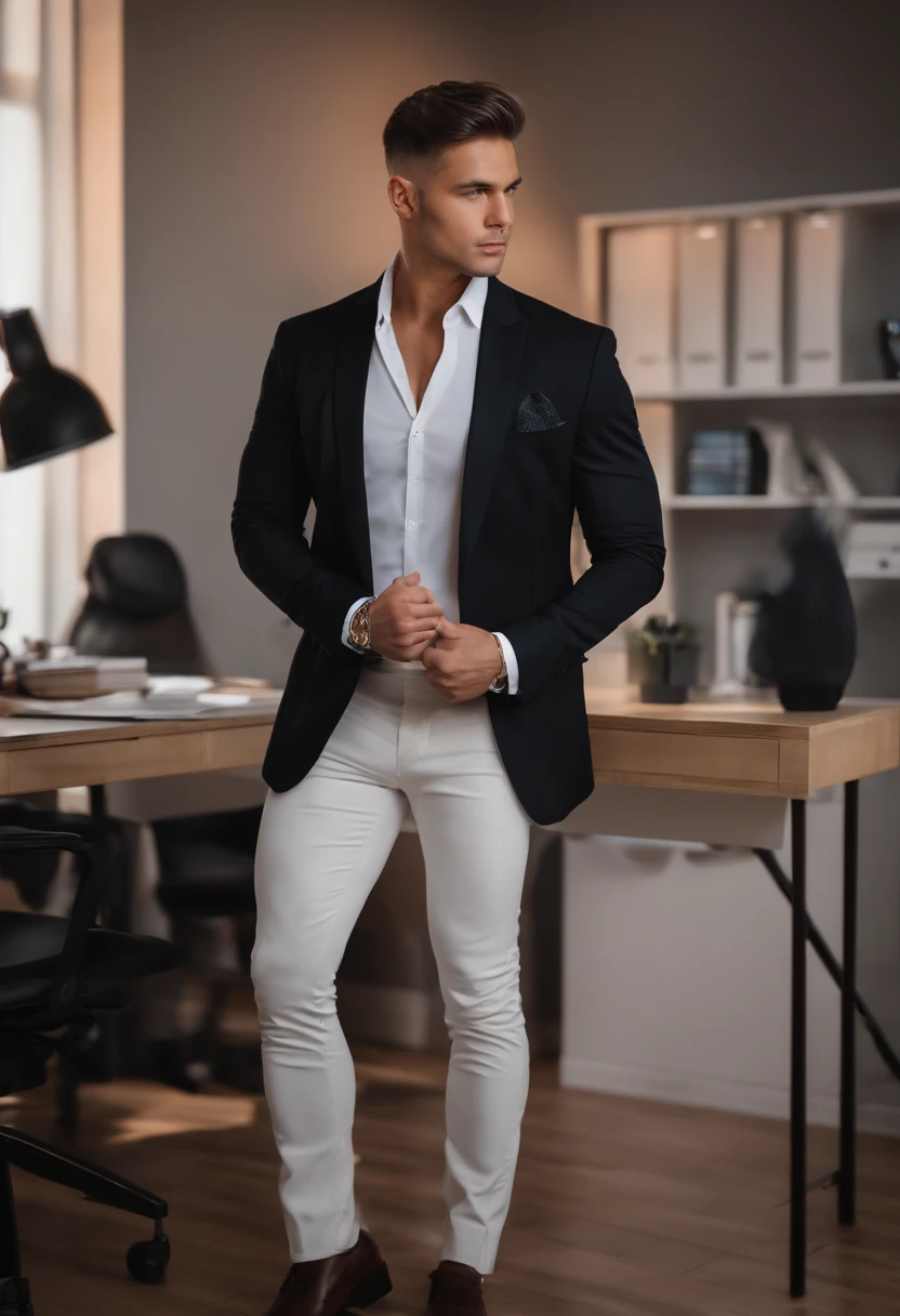 Foto 4k , A male man standing in his office flexing in his black suit, white background, spike undercut hair style