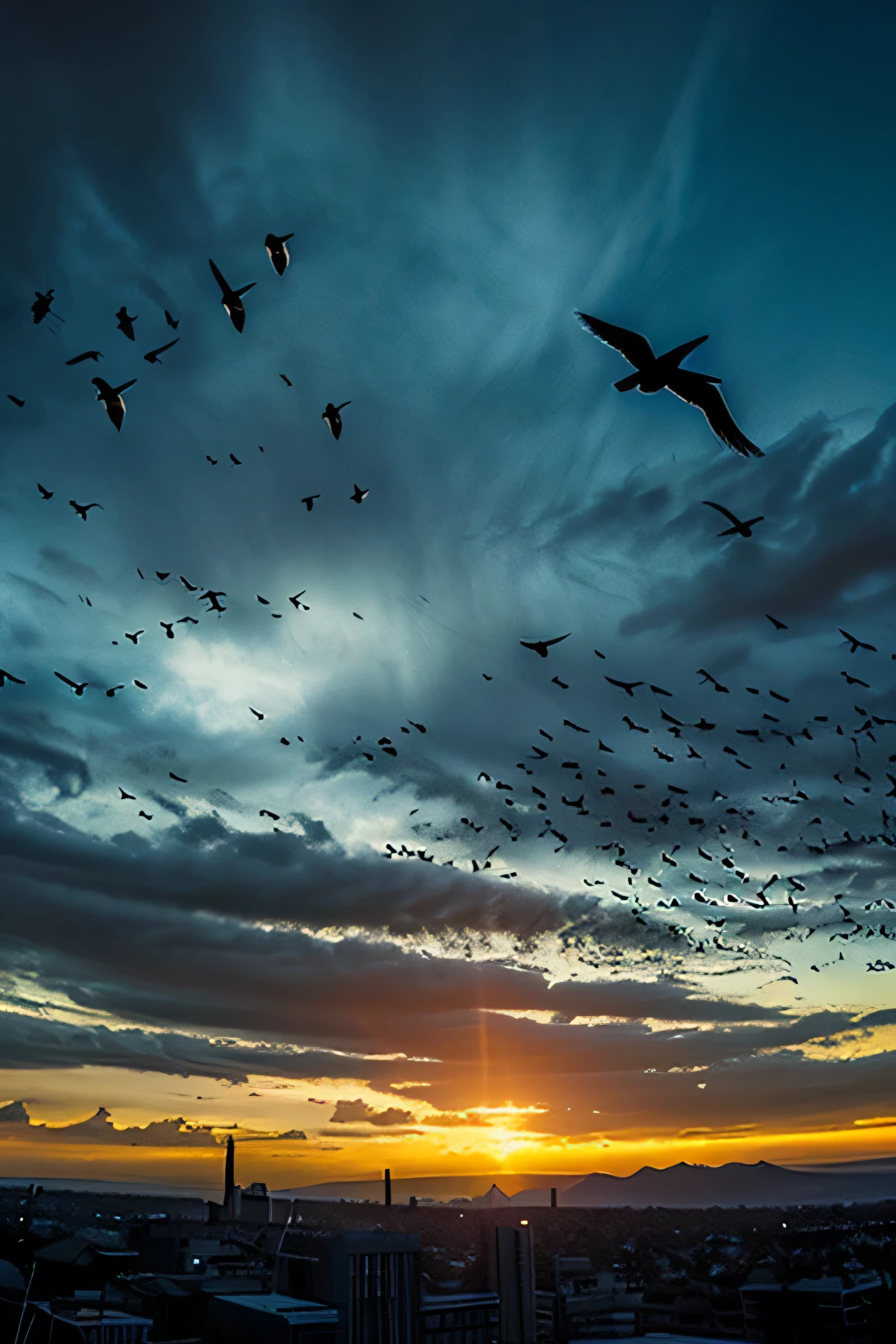 Realistic photo of a large flock of over 10000 birds flying in the sky, exhibiting strange and erratic behavior, ominous and foreboding sky with unsettling colors, sense of impending disaster, atmosphere of fear and tension, highly detailed and lifelike, pre-earthquake signs, dark and eerie setting、