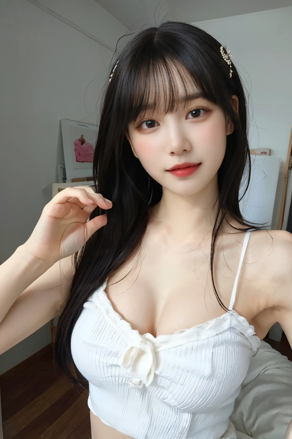 (16K、Raw photo、highest quality、masterpiece)、(Realistic、Photorealistic)、Ultra-detailed、超A high resolution、1、Seeing the viewer、Beautifully detailed face、Laughter、narrow、(Slim waist) Beautifully detailed skin、Skin Texture、Floated hair、Professional Lighting、Big Breasts、Depiction of areola and nipple、Stripes and genitalia、