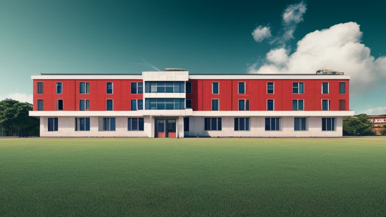 White wall school, A row of teaching buildings, The solemn five-star red flag, , Stand tall proudly. The sky is a picturesque backdrop, Decorated with fluffy clouds,Seems to be dancing on the ground. Beeple's signature style comes to life through meticulous digital rendering, Capturing the essence of minimalism in every corner. Pure color palette, Under the blue sky,The building looks more magnificent. The atmosphere here is full of awe and elegance, Students with backpacks walking on campus