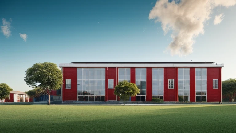 White wall school, A row of teaching buildings, The solemn five-star red flag, , Stand tall proudly. The sky is a picturesque backdrop, Decorated with fluffy clouds,Seems to be dancing on the ground. Beeple's signature style comes to life through meticulous digital rendering, Capturing the essence of minimalism in every corner. Pure color palette, Under the blue sky,The building looks more magnificent. The atmosphere here is full of awe and elegance, Students with backpacks walking on campus