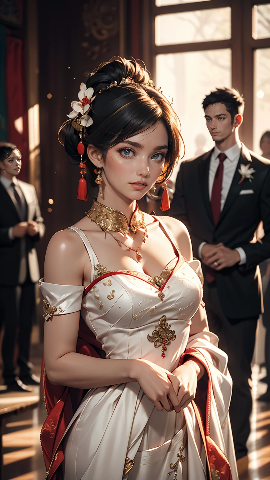 最high quality, masterpiece, High resolution, One girl,chinese wedding dress,hair ornaments,necklace, jewelry,Beautiful Face,On top of that_body, Tyndall effect,Realistic, Dark studio, Rim Light, Two-tone lighting,(Skin with attention to detail:1.2), 8K Ultra HD, Digital SLR, Soft lighting, high quality, Volumetric lighting, Frank, photograph, High resolution, 4K, 8k, Bokeh