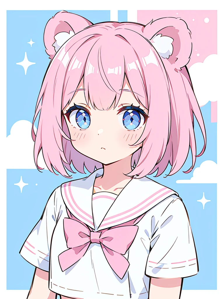 ski style, 1 girl, alone, pink hair, animal ears, blue eyes, wing, looking at the viewer, bangs, short hair, bow, sailor collar, white sailor collar, hair bow, pink bow, closed mouth, shirt, white shirt, bear ears, bob cut, mini wing, portrait, detached wing, compensate, Upper body, background city