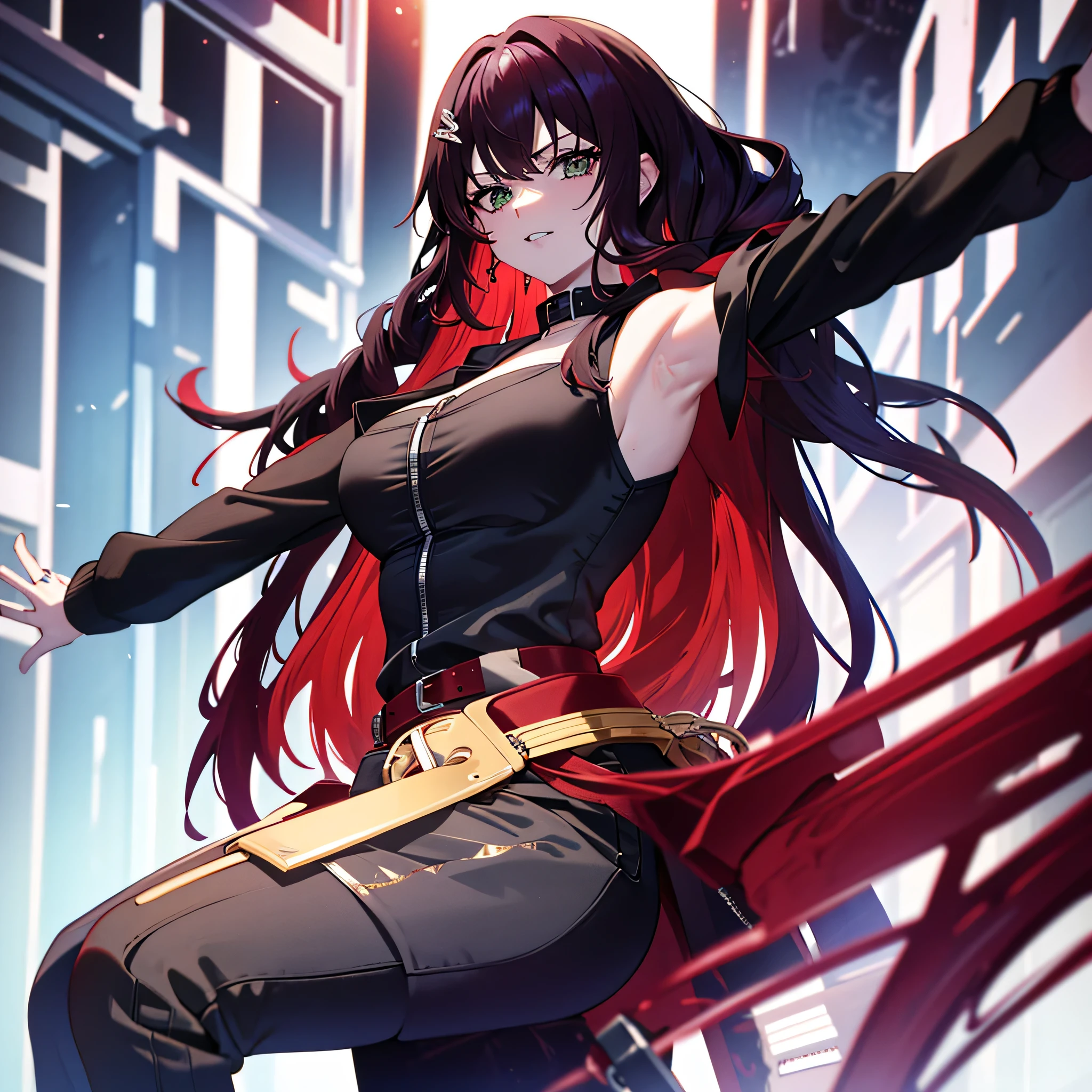 Mature woman with green eyes and red hair, inner purple hair, long hair, a black blouse, a red jacket, and dark tight pants. Sex